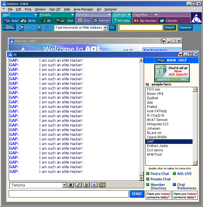 Screenshot of AOL instant message chatroom. Repeated text reads: 'GAP: I am such an elite Hacker!'